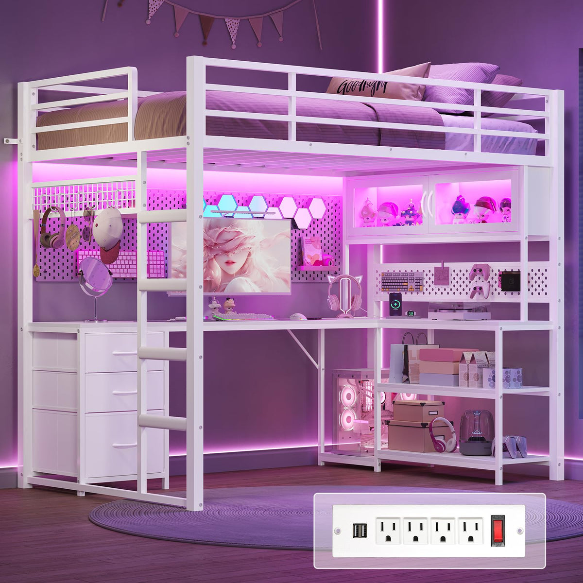 White Twin Gaming Loft Bed with Desk Q163