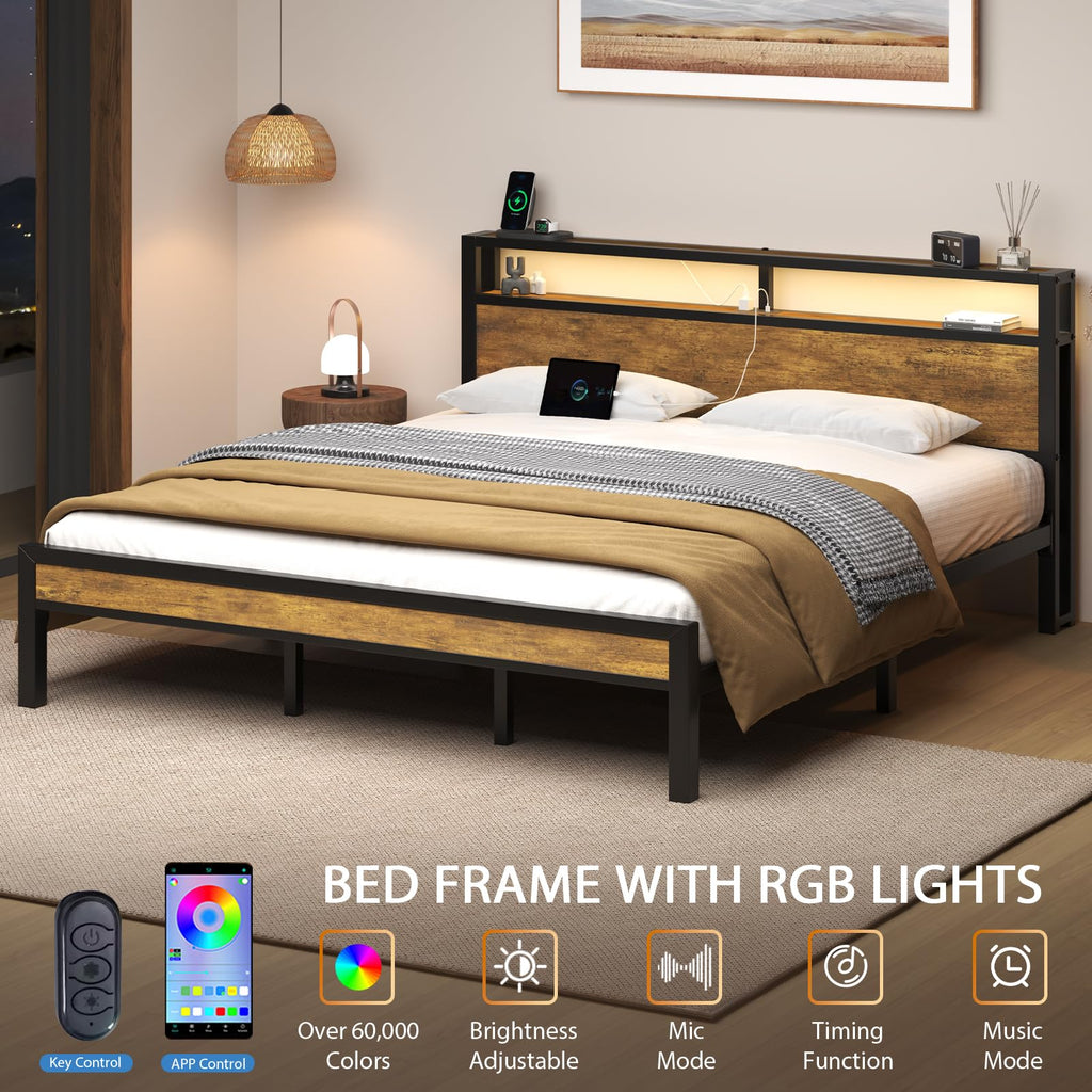 King Size Bed Frame with Storage Headboard ＆ LED Light Y846426