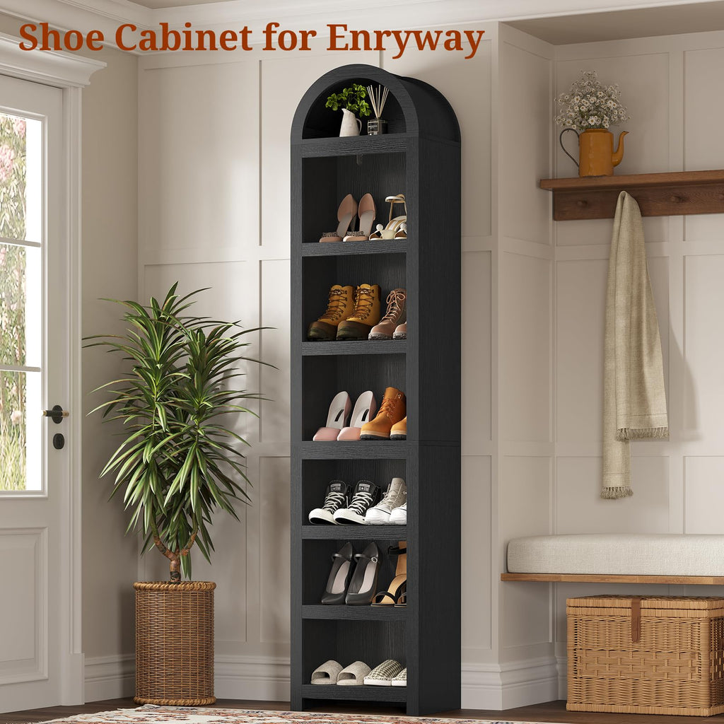 76" Tall Narrow Arched Bookcase, 7-Tier Adjustable Shelves, Black B70823