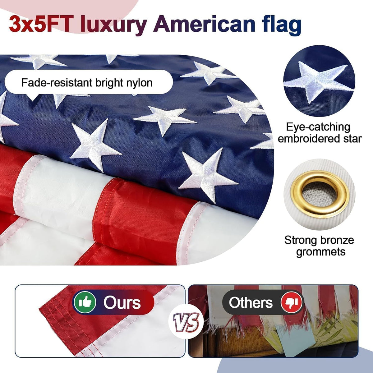 3x5 Embroidered American Flag with 5ft Flag Pole M3844