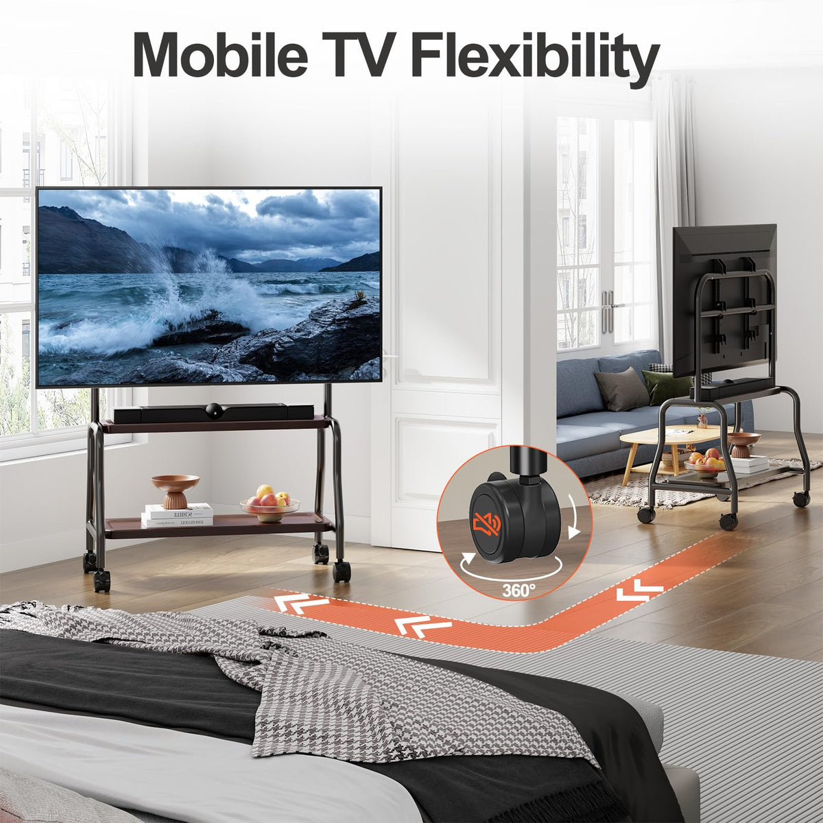 Rolling TV Stand on Wheels for 32-75 Inch TVs with Double Shelves K743