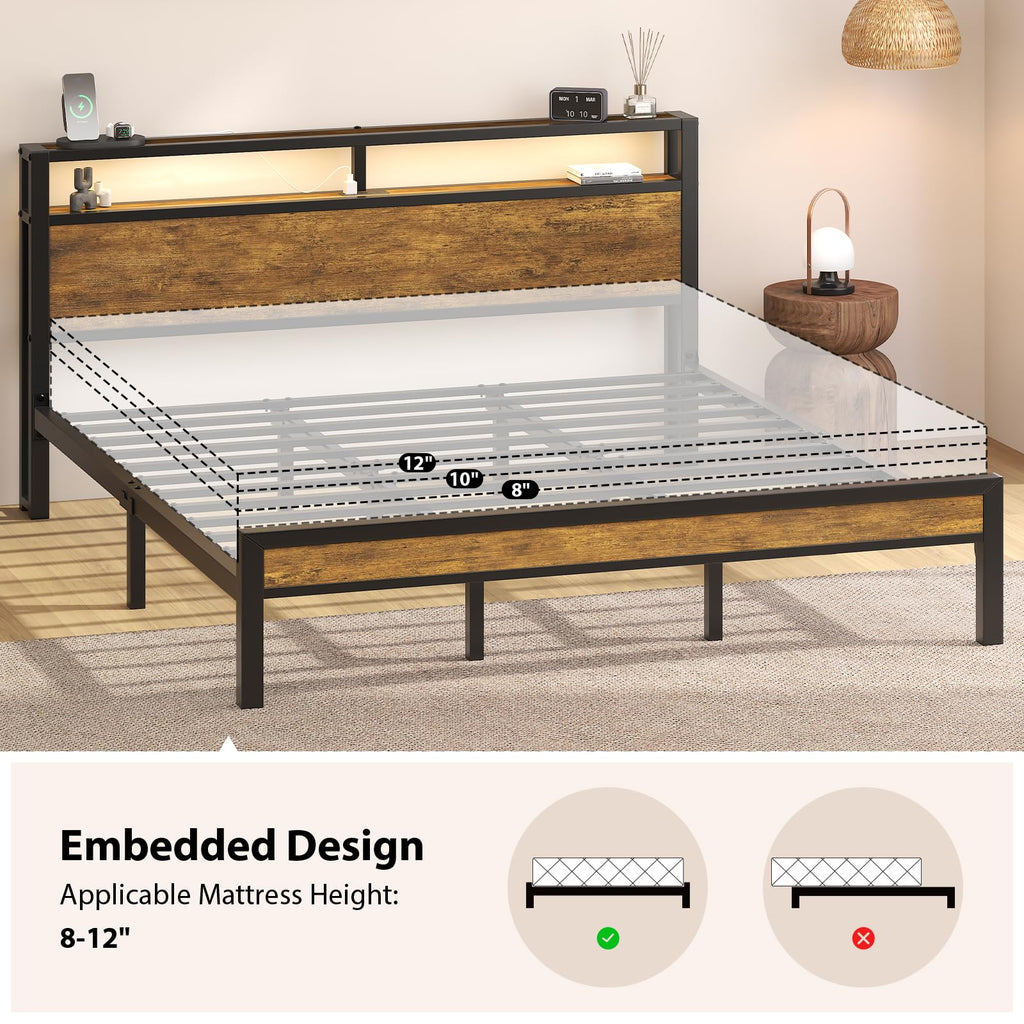 King Size Bed Frame with Storage Headboard ＆ LED Light Y846426