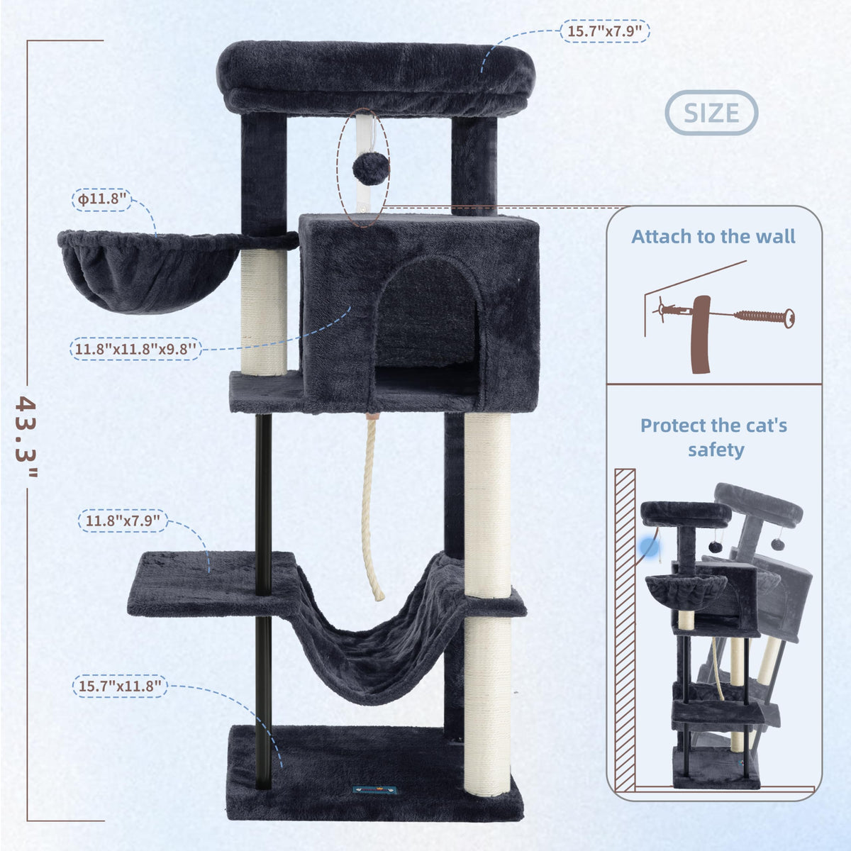43.3 inch Smoky Gray Cat Tree with Hammock and Scratching Post Q47671