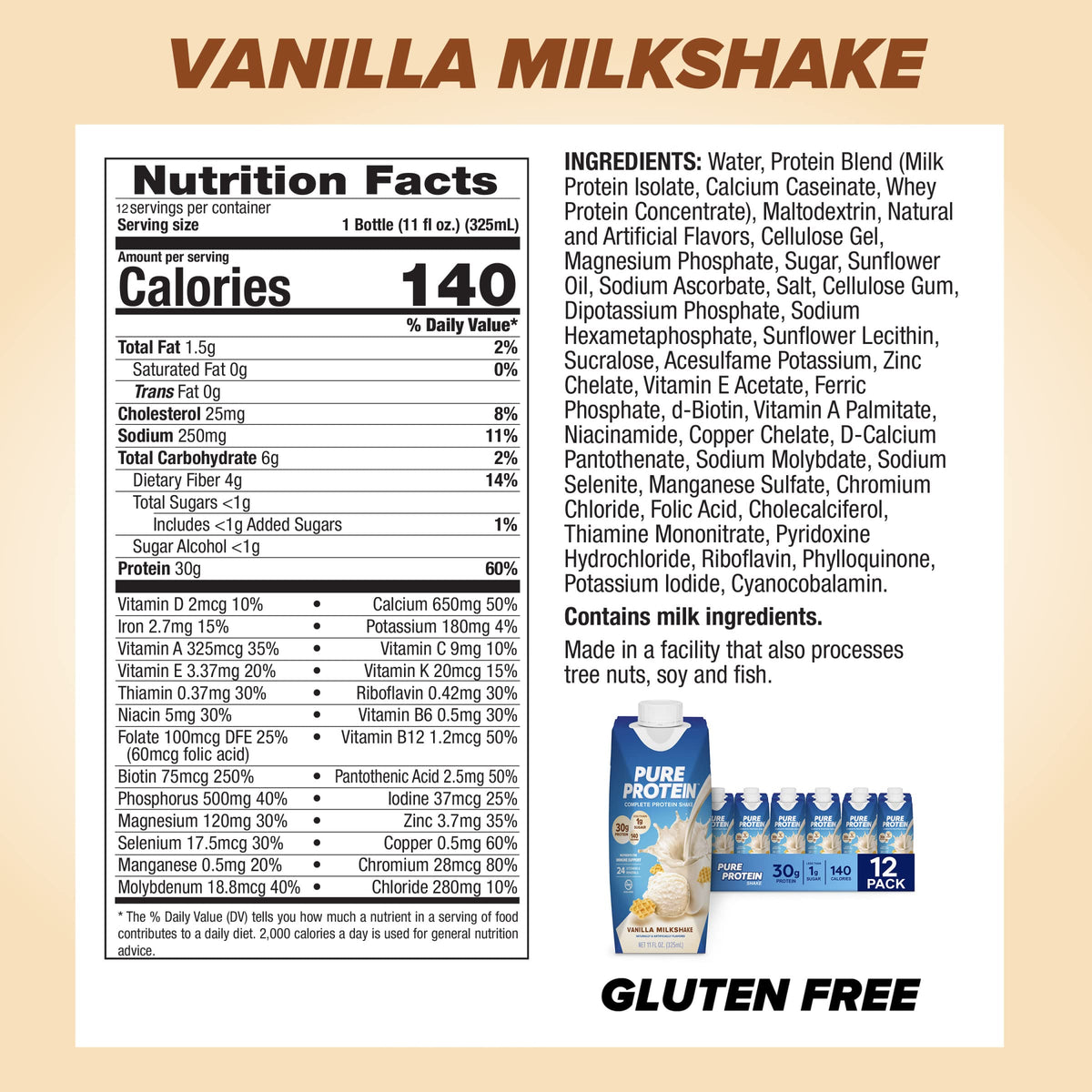 Vanilla Protein Shake, 30g Protein, Vitamins A, C, D, E, Zinc X313