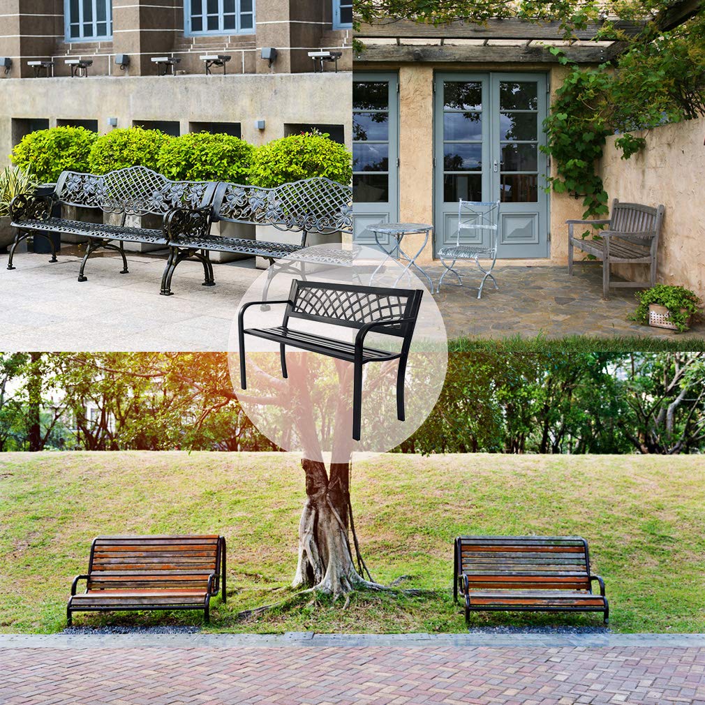 Black Metal Garden Bench with Plastic Backrest and Armrests U4114