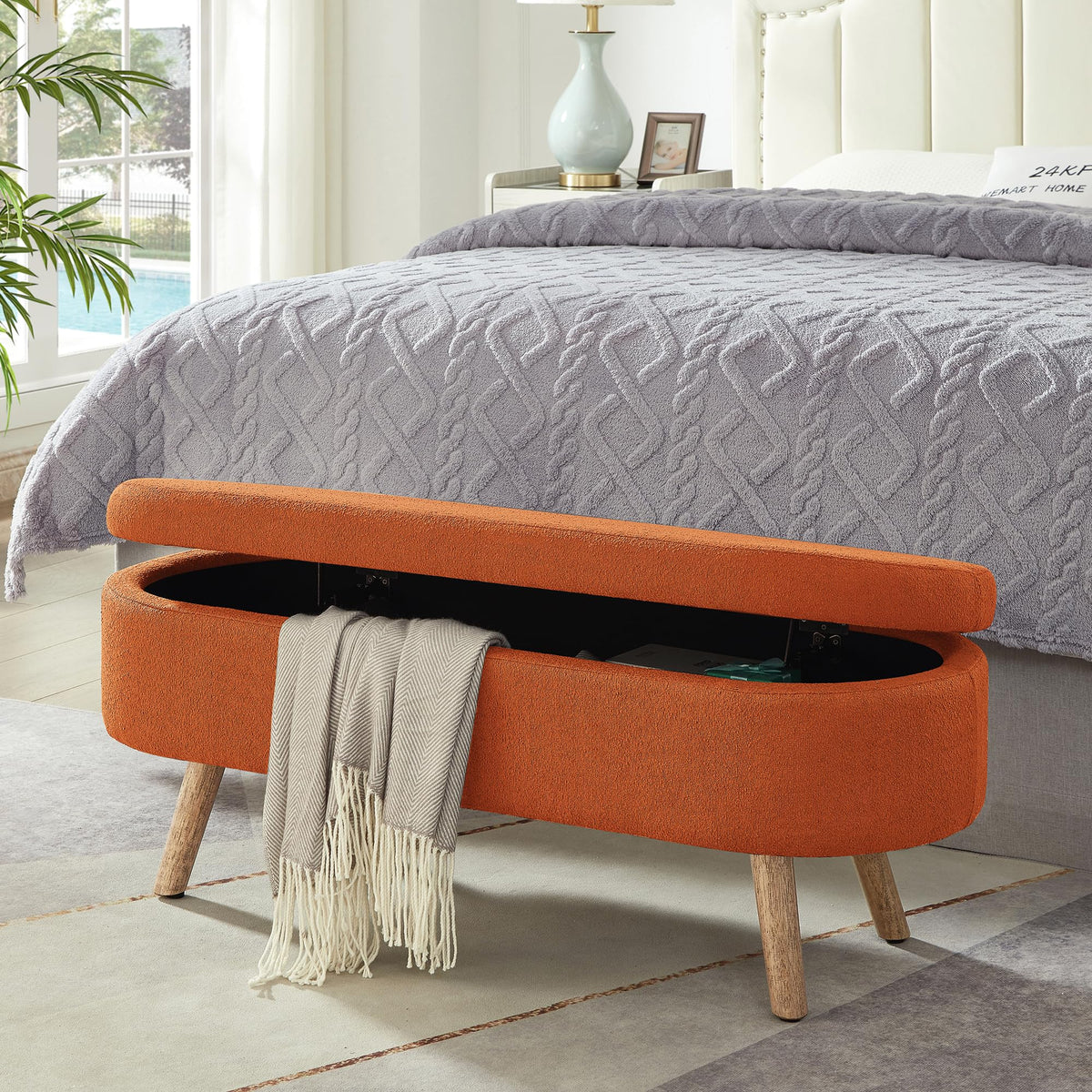 42" Oval Boucle Tufted Storage Ottoman Bench with Solid Wood Legs B61181
