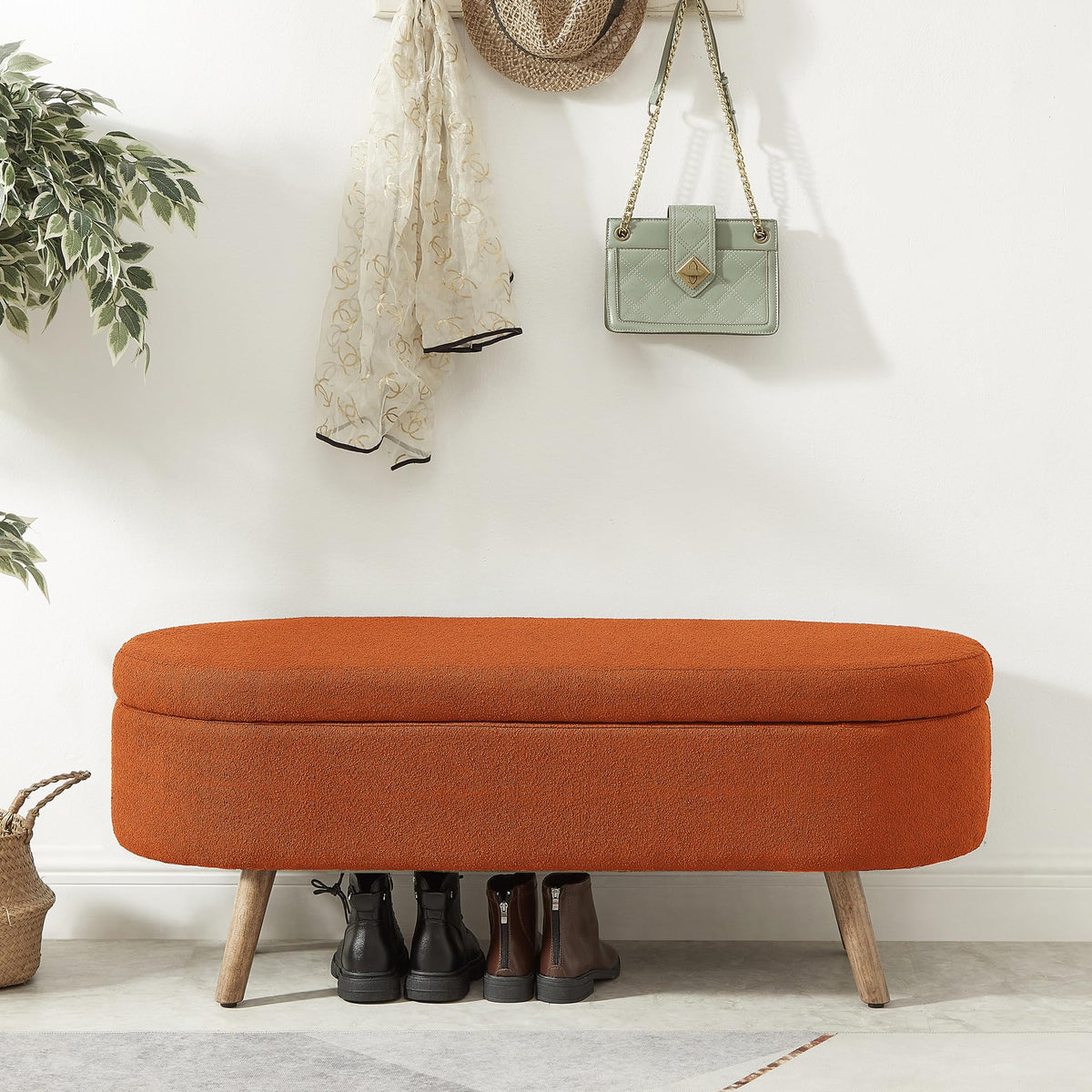 42" Oval Boucle Tufted Storage Ottoman Bench with Solid Wood Legs B61181