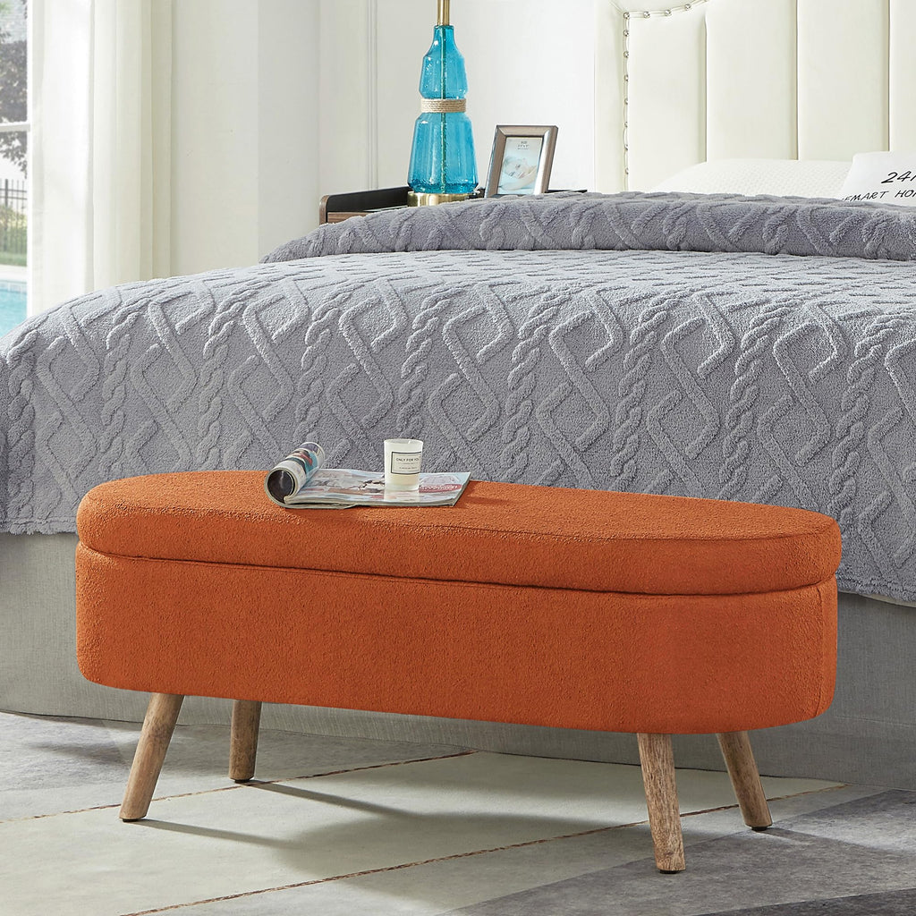 42" Oval Boucle Tufted Storage Ottoman Bench with Solid Wood Legs B61181