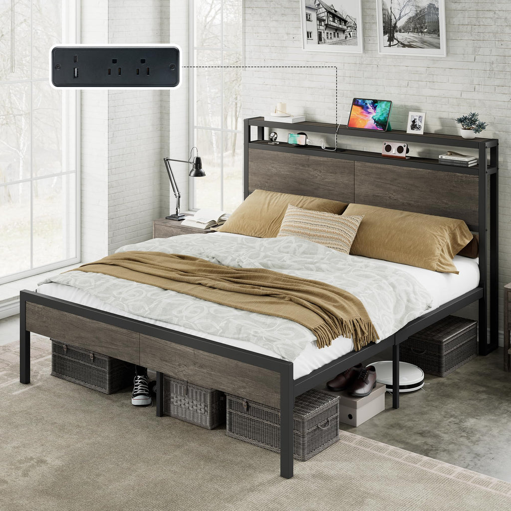 Full Size Metal Bed Frame with Charging Station S975